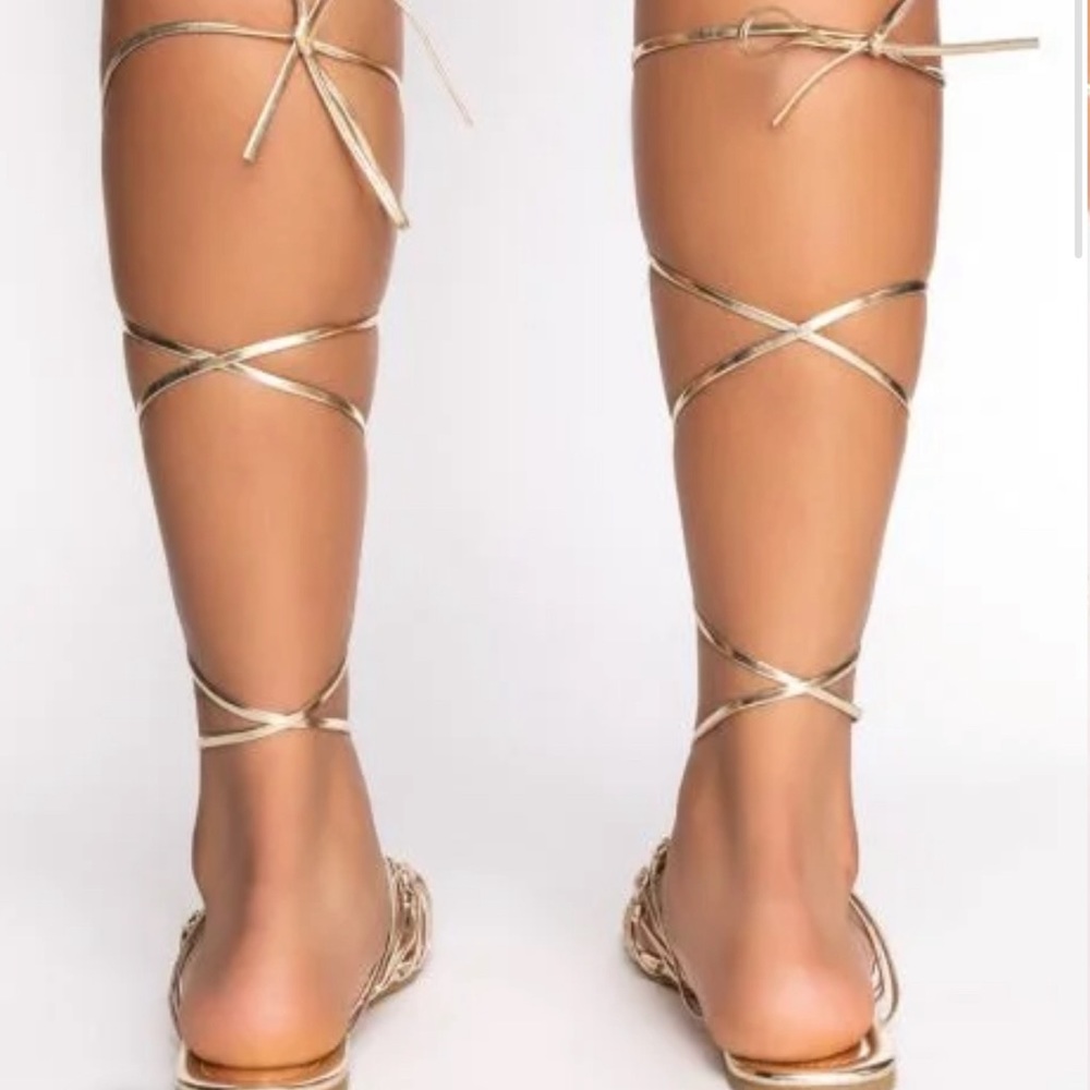 •Take Me on Vacation• Flat Gold Square Toe Laced & Wrapped Sandal - Picture 5 of 5